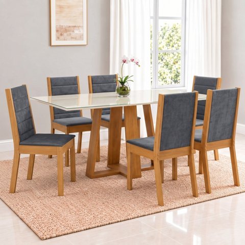 Conjunto Sala de Jantar Mesa Lisa 160cm Tampo MDF Vidro Canto Reto 6 Cadeiras Evelin