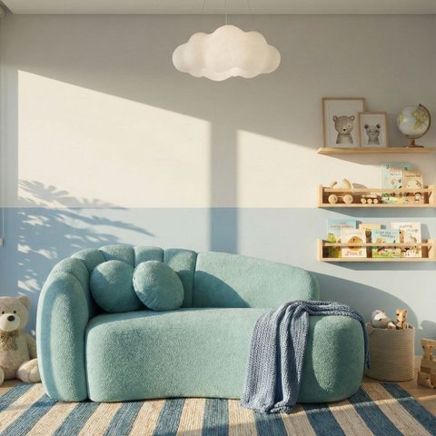 Sofá Curvo 3 Lugares Orgânico Recepção Sala Estar Serena Boucle Azul Turquesa - Vimont Moveis