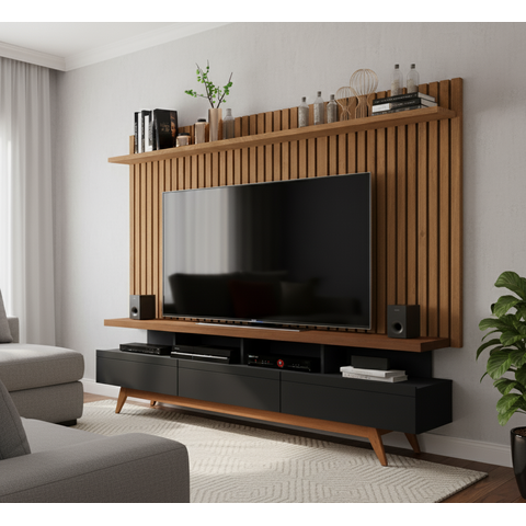 Conjunto Ripado para Sala Thor 1.8 Home Rack e Painel Luxo:black/freijo