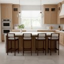 Ver imagem 1 de Kit 4 Banquetas Madeira Imbuia Cozinha Encosto Palha Rattan:Imbuia com Linho Prata