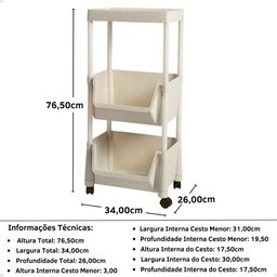 Carrinho Multiuso Prático 3 Prateleiras em Plástico com Rodízio - Creme - 4 Carrinho Multiuso Prático 3 Prateleiras em Plástico com Rodízio - Creme - 4