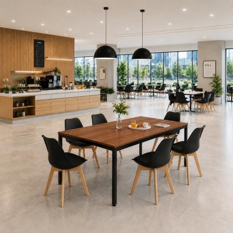 Mesa Cozinha e Refeitório 180cm x 90cm Pés Metal com 6 Cadeiras Siena Pés Madeira Casa Lar