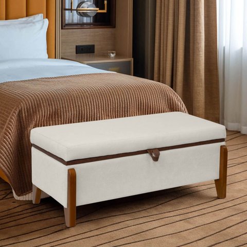 Banqueta Decorativa Puff Baú Organizado Bali 90 Cm Bouclé:bege Claro