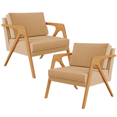 Kit 2 Poltronas Decorativa para Sala Pietra Estrutura de Madeira L02 Linho Bege Escuro - Lyam
