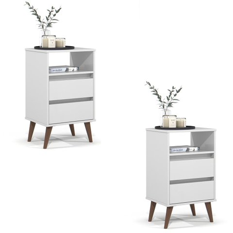 Kit 2 Mesa de Cabeceira Roma Quarto com 2 Gavetas Branco
