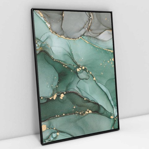 Quadro Decorativo em Canvas Abstrato Mármore Verde e Cinza TaColado Moldura Flutuante 4,5cm Preta 12