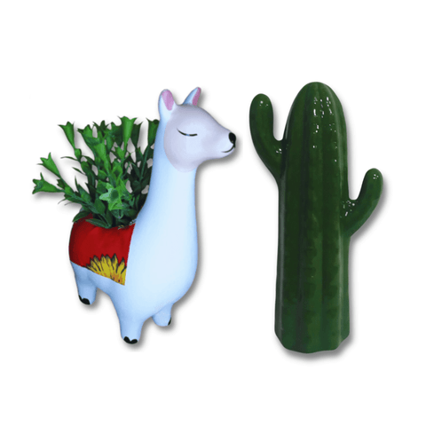Enfeite e Decoração Vaso Cachepot Lhama e Cacto em Cerâmica