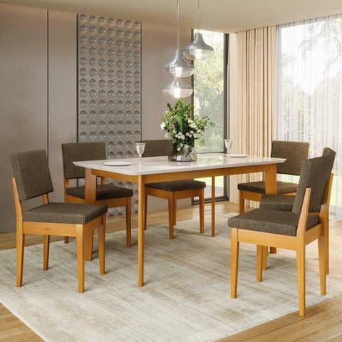Conjunto Sala de Jantar Siera 6 Lugares Retangular Madeira Maciça Miami Marrom/Cerejeira/Legacy