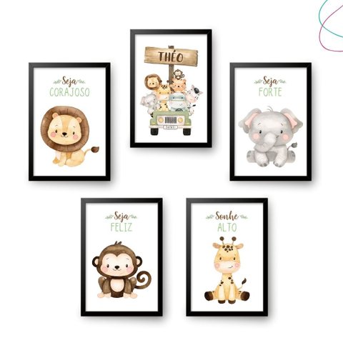 Kit 5 Quadros Decorativos Infantil Safari Baby Aquarela:preta