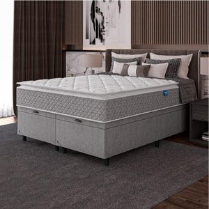 Cama Box Baú Casal Queen Colchão Molas Ensacadas Pillow Top Perfect 158x198x74 Cinza/Branco