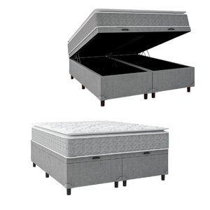 Cama Box Baú Casal Queen Colchão Molas Ensacadas Pillow Top Perfect 158x198x74 Cinza/Branco