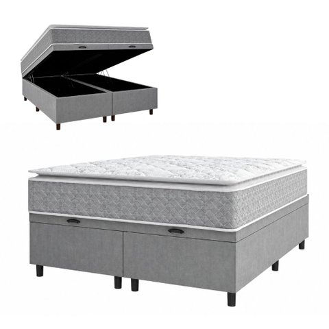 Cama Box Baú Casal Queen Colchão Molas Ensacadas Pillow Top Perfect 158x198x74 Cinza/Branco