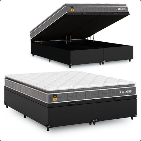 Cama Box Baú Queen Bipartido Suede Preto + Colchão Life D33 Pillow Top 61x158x198cm Cinza