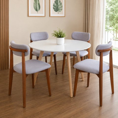 Kit Mesa Jantar 90cm Branca & 4 Cadeiras Estofadas Linho Cinza-Claro