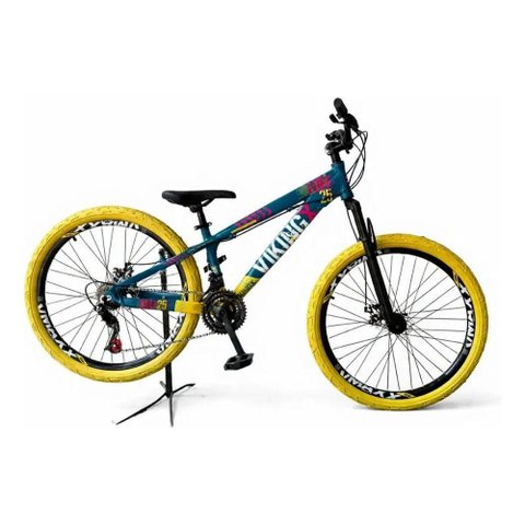 Bicicleta TUFF25 Aro 26 Alumínio 21 Marchas Freio a Disco Viking-X Azul Amarelo
