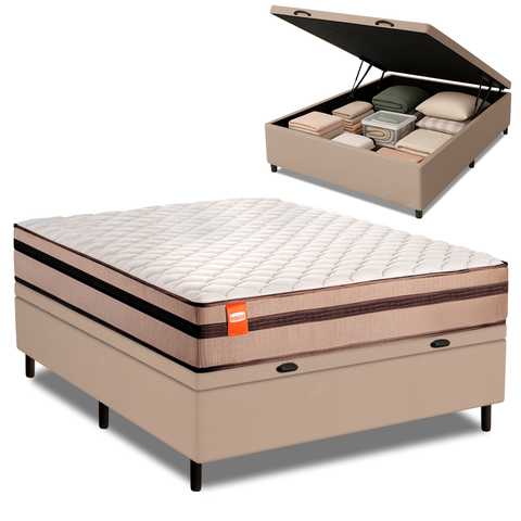 Cama Box Baú Casal Molas Ensacadas Bege Bali 138x188x63cm