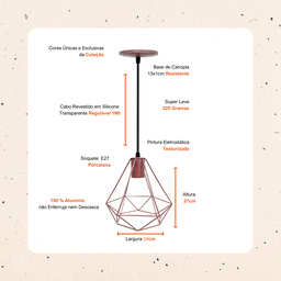 Luminária Pendente Diamante Lustre Aramado Retrô Elegance:Rosé/M - 2