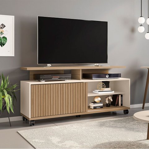 Rack Topázio para Tv até 52 Polegadas com 5 Rodízios Móveis Cinamomo/off-white/ripado