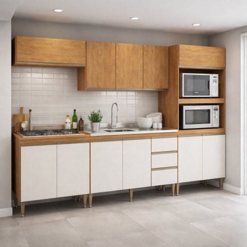 Cozinha Completa Paris 5 Peças Menu Móveis Freijó/Branco
