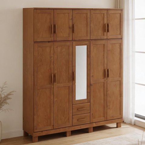 Guarda Roupa Casal Lorie F06 10 Portas de Bater 2 Gavetas Madeira Maciça Castanho Lyam Decor