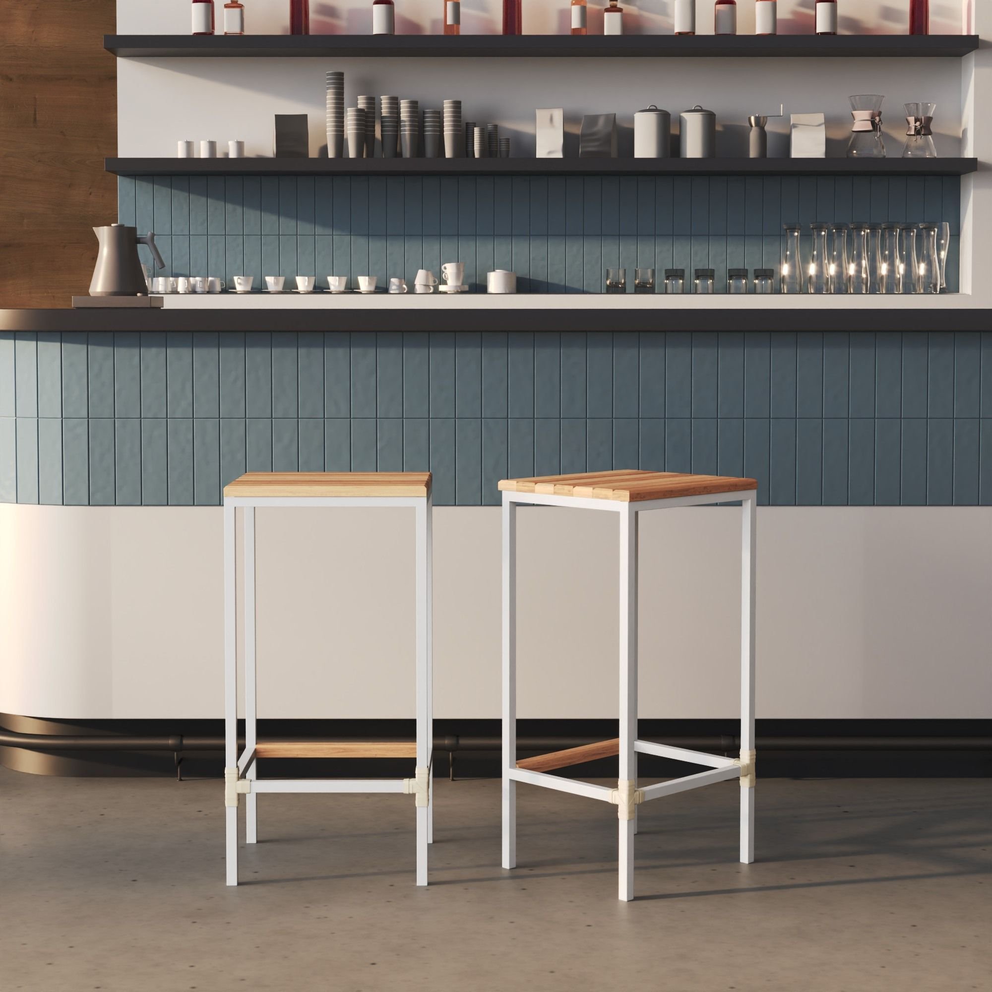 Banqueta em Aço Alta Industrial com Assento de Madeira Maciça 75cm Branco - 5