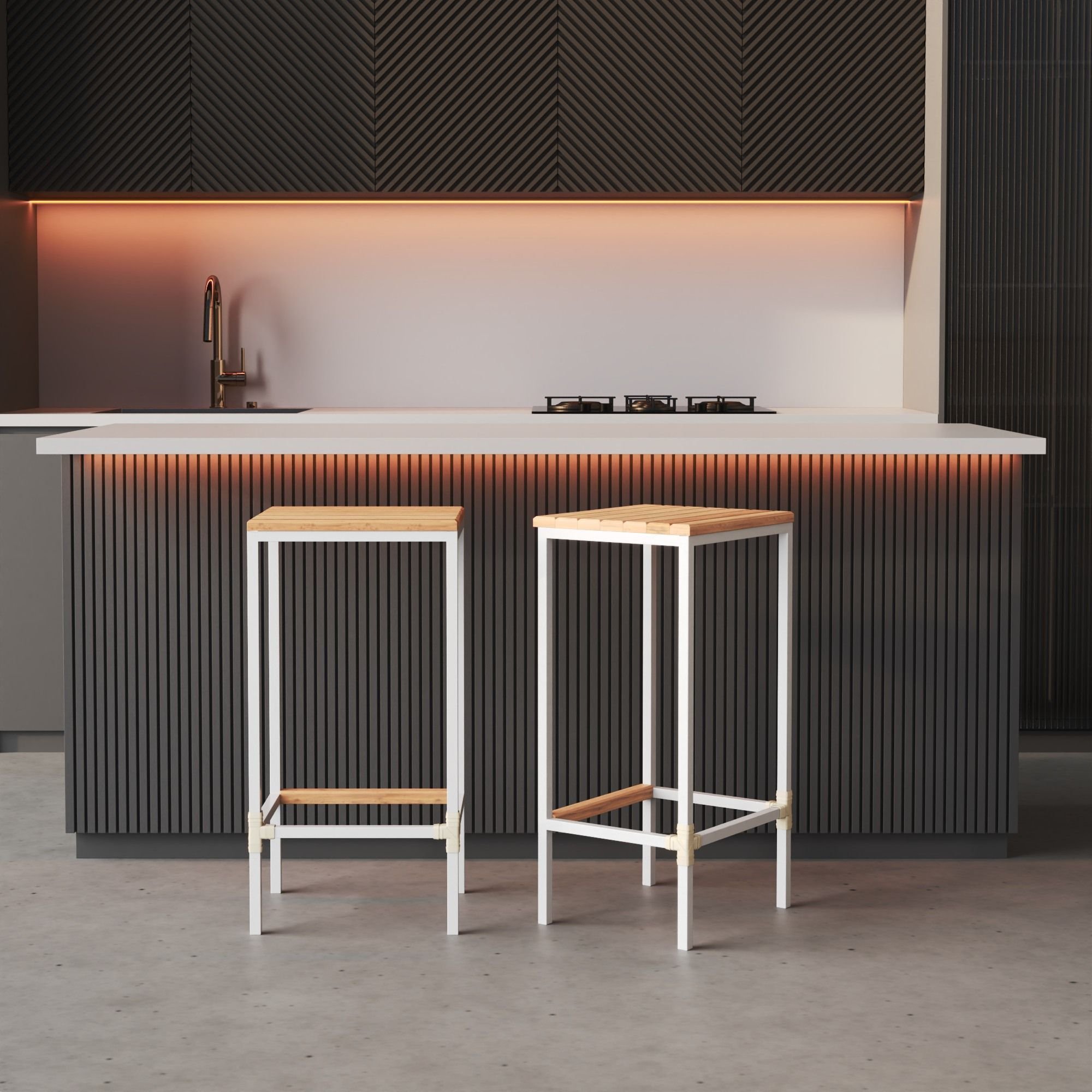 Banqueta em Aço Alta Industrial com Assento de Madeira Maciça 75cm Branco