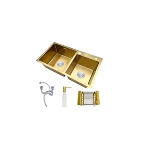 Cuba Pia Dupla Cozinha Gourmet Aço Inox Dourada com Acessórios 78x43cm