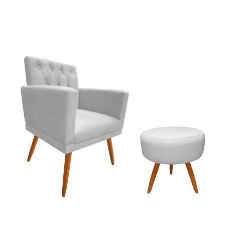 Kit Poltrona Decorativa Nina Capitonê + Puff Redondo Couro Branco Pés Madeira Mz Decor