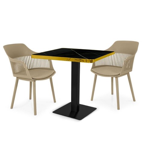 Conjunto Mesa de Jantar Quadrada Venezia 70x70cm Preta com 2 Cadeiras Estofadas Marcela - Nude