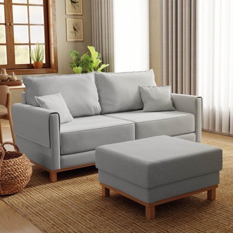 Conjunto Sofá Living 3 Lugares 200cm com Puff Linho Ananda CabeCasa MadeiraOriginals Cinza
