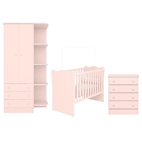 Conjunto Infantil Doce Sonho Berço Cômoda e Guarda-roupa Mdp Rosa Acetinado Qmovi