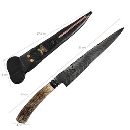 Faca Artesanal Aço Damasco 8' Cabo Retovado Chifre de Cervo Churrasco Bainha de Couro - 5