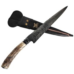 Faca Artesanal Aço Damasco 8' Cabo Retovado Chifre de Cervo Churrasco Bainha de Couro - 1