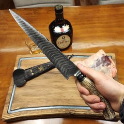 Faca Artesanal Aço Damasco 8' Cabo Retovado Chifre de Cervo Churrasco Bainha de Couro - 3