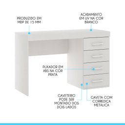 Mesa Escrivaninha com 4 Gavetas 120x75cm Mdp Branco 0711 Menu - 3