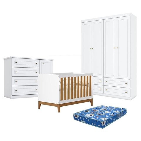 Quarto de Bebê Americano 4 Portas com Berço Americano Flip Branco Acetinado Savana Reller e Colchão 