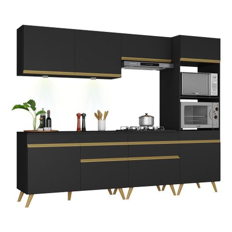 Armário de Cozinha Completa 252cm com Leds Veneza Up Multimóveis V2035 Preto/Dourado