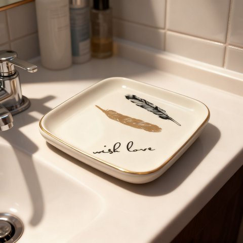Mini Prato Decorativo Cerâmica Penas Porta Joias Saboneteira