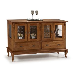 Balcão Buffet Madeira Maciça 4 Portas 2 Gavetas Prateleira em Vidro Pés Luiz Xv 60510 Linz Móveis