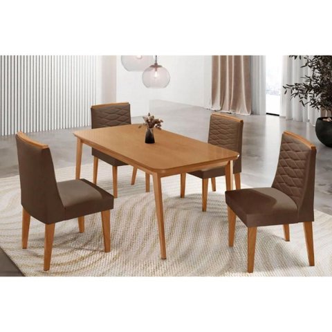 Conjunto: Mesa Sala Jantar Havana Tampo Curvo 120cm+4 Cadeiras Maldivas Madeira Naturale - Capuccino