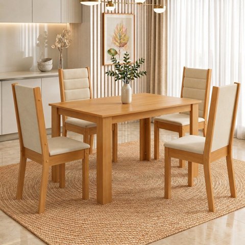 Conjunto Sala de Jantar Mesa Juliana 110cm Tampo MDP Canto Reto 4 Cadeiras Evelin