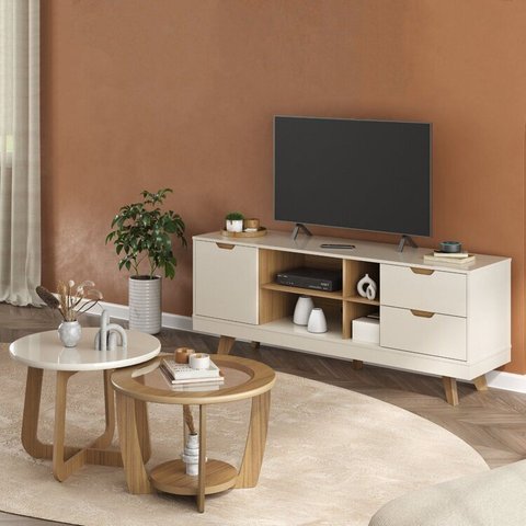 Conjunto 3 Peças Sala de Estar Mesa de Centro Curve e Mesa de Centro Jasmin e Rack Michigan