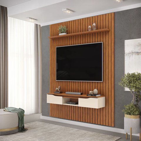 Painel Suspenso Ripado Seko Tv 65" Portas Basculantes Borda Chanfrada Freijó/offwhite G18 - Gran Bel