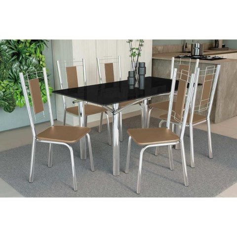 Conjunto: Mesa de Cozinha Elba Tampo Madeirado C/ Vidro 160cm e 6 Cadeiras Florença Cromada/preto