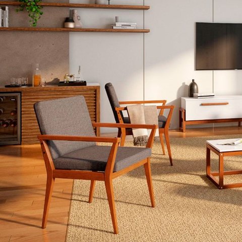 Poltrona Decorativa Sala Estar Tip Linho Pés Madeira Maciça