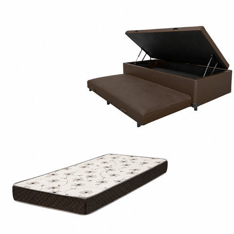 Cama Box Baú Solteiro Bicama + Colchão D20 12 cm Corino Marrom sem Cabeceira