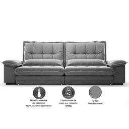 Sofá Bergamo 2,90m Retrátil e Reclinável Veludocristal Cinza - Netsofas - 3