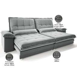 Sofá Bergamo 2,90m Retrátil e Reclinável Veludocristal Cinza - Netsofas - 2