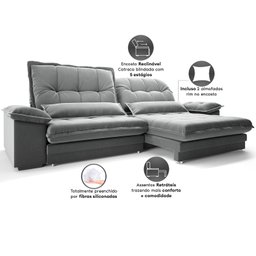 Sofá Bergamo 2,90m Retrátil e Reclinável Veludocristal Cinza - Netsofas - 5