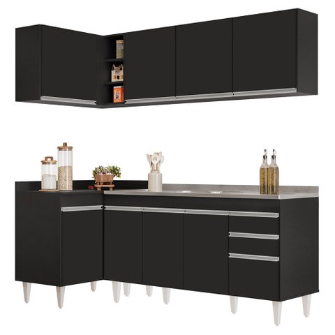 Armário de Cozinha Modulado de Canto Direito 4 Peças Cp42 com Pia Inox Preto - Lumil Lumil Móveis